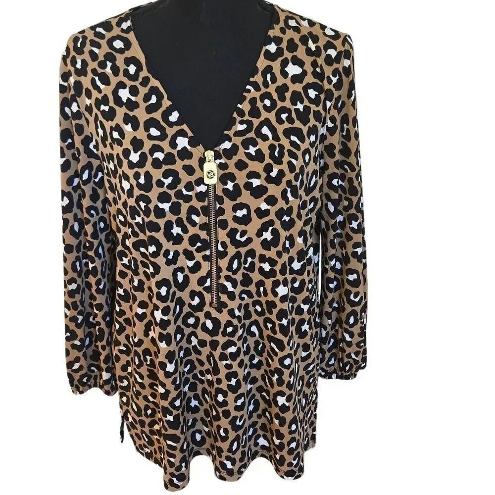 MICHAEL Michael Kors Womens Leopard Print Zip V-Neck Blouse Tan Black Sz Medium